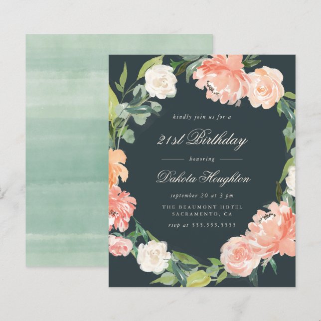 Budget Grey Blush Watercolor Floral Birthday Party (Front/Back)