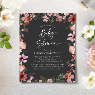 Budget Grey Magenta Floral Baby Shower Invitation