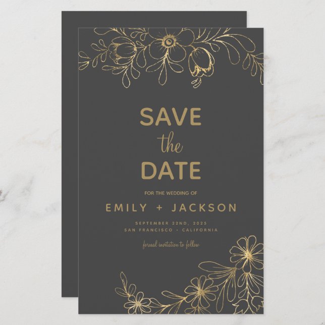 Budget Grey Save the Date Floral Gold Foil (Front/Back)