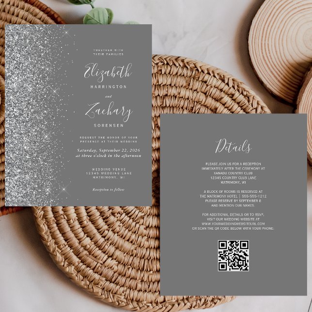 Budget Grey Silver Glitter QR Code Wedding Invite (Creator Uploaded)