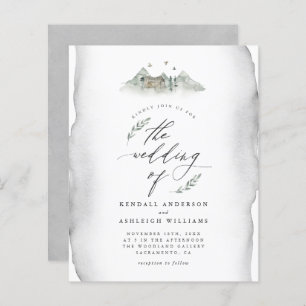 Budget Grey Watercolor Leaves & Mountain Wedding