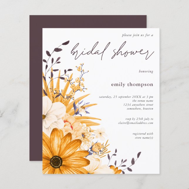 Budget Grey Yellow Floral Bridal Shower Invitation (Front/Back)