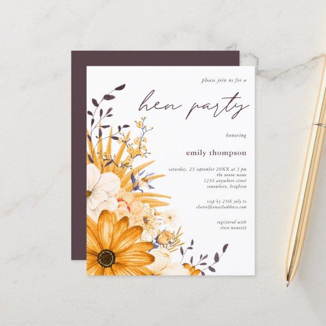 Budget Grey Yellow Floral Hen Party Invitation (Front/Back In Situ)