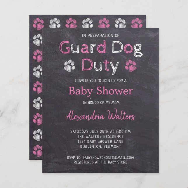 Budget Guard Dog Duty Pink Girl Baby Shower (Front/Back)