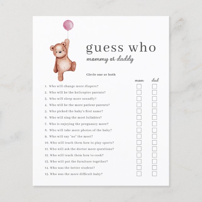 Budget Guess Who Girl Baby Shower Game (Front)