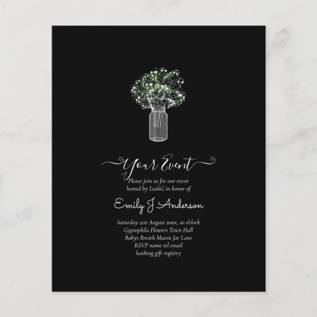 BUDGET Gypsophila Mason Jar Modern Minimal WEDDING Flyer (Front)