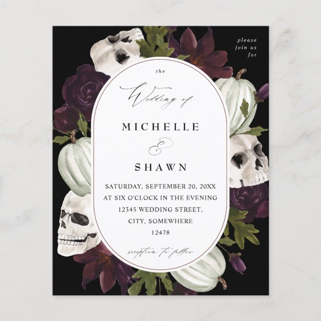 Budget Halloween Purple Floral & Skull Wedding Flyer (Front)