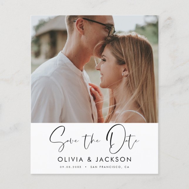 Budget Hand Lettered White Save the Date Photo Flyer (Front)