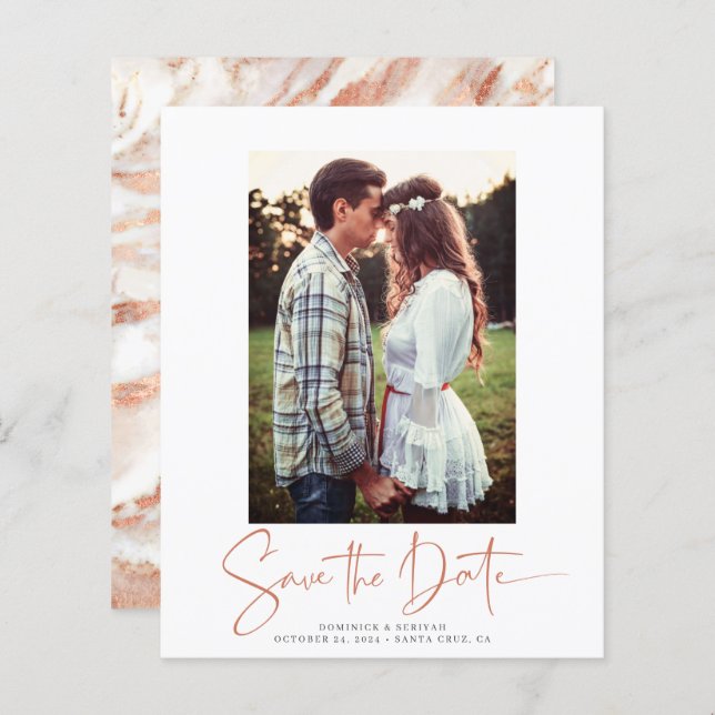 BUDGET Handwritten Rose Gold Marble Save the Date (Front/Back)