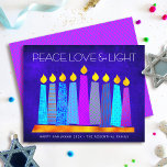 Budget Hanukkah Candles Peace Love Light Blue Card<br><div class="desc">“Peace, love & light.” A playful, modern, artsy illustration of boho pattern candles in a menorah helps you usher in the holiday of Hanukkah. Assorted blue candles with colourful faux foil patterns overlay a rich deep blue textured background. Faux hot pink purple diamond pattern foil on a cornflower blue background...</div>