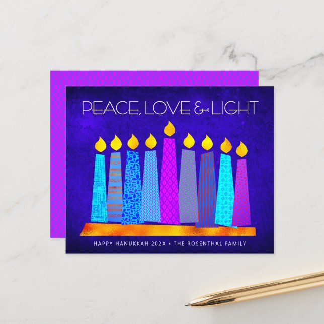 Budget Hanukkah Candles Peace Love Light Blue Card (Front/Back In Situ)