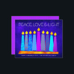 Budget Hanukkah Candles Peace Love Light Blue Card<br><div class="desc">“Peace, love & light.” A playful, modern, artsy illustration of boho pattern candles in a menorah helps you usher in the holiday of Hanukkah. Assorted blue candles with colourful faux foil patterns overlay a rich deep blue textured background. Faux hot pink purple diamond pattern foil on a cornflower blue background...</div>