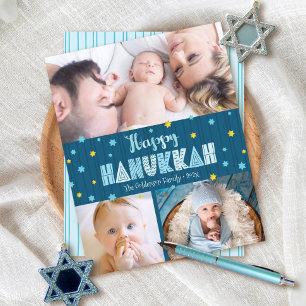 Budget Happy Hanukkah 3 Photo Blue Gold Stars Card