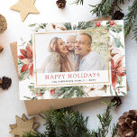 Budget Happy Holidays Christmas Greenery Photo<br><div class="desc">Budget Rustic Winter Merry Christmas Family or Business Photo Card with Holiday Floral White Flowers,  Greenery and Red Poinsettia Flowers with a simple Background.</div>