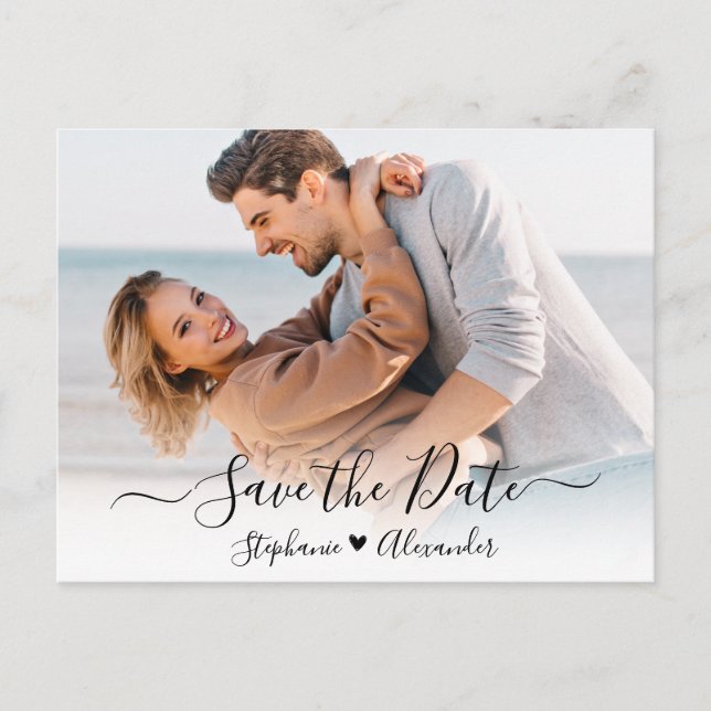 Budget Heart Calligraphy Photo Save The Date Announcement Postcard (Front)