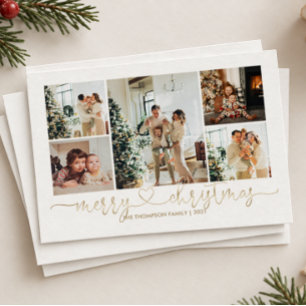 BUDGET Heart Script Gold Merry Christmas 5 Photo Card