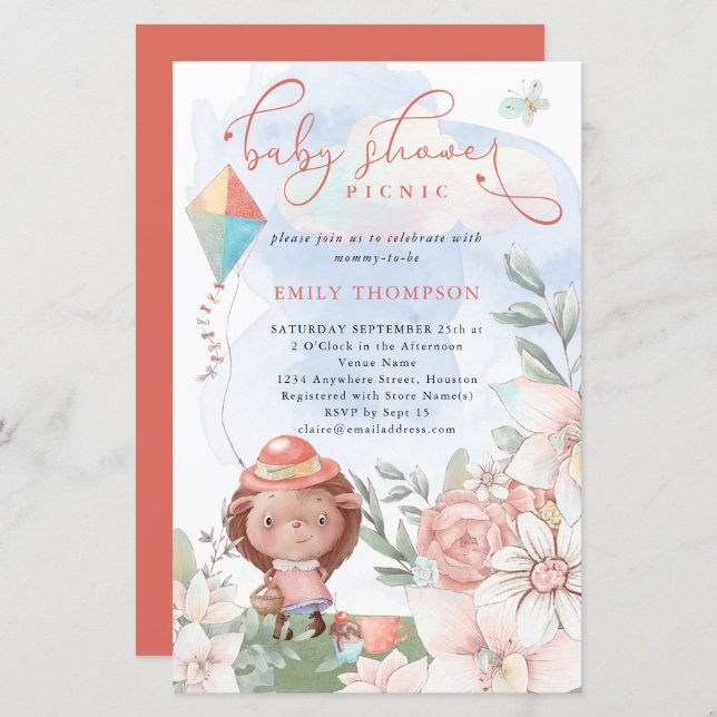 Budget Hedgehog Girl Baby Shower Picnic Invite (Front/Back)