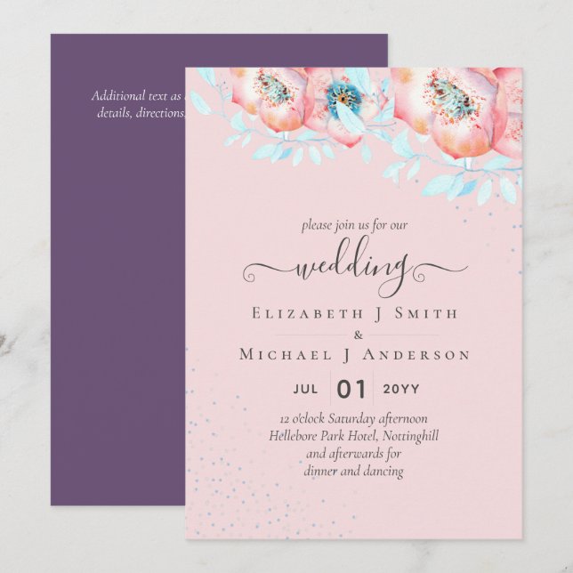 BUDGET  Hellebore Turquoise Peach Floral Wedding Invitation (Front/Back)