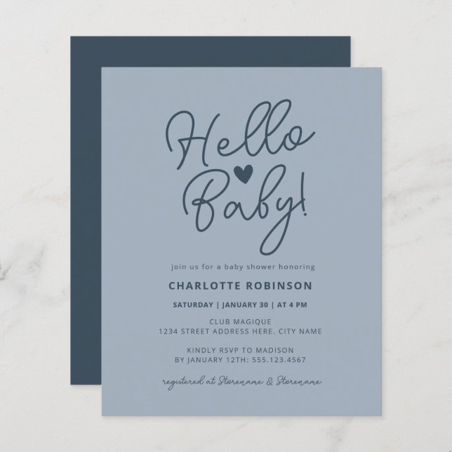 Budget Hello Baby Dusty Blue Baby Shower Invite (Front/Back)