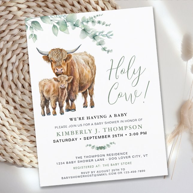 Budget Highland Cow Greenery Baby Shower Invite (Creator Uploaded)