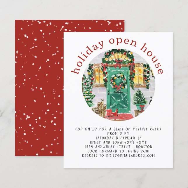 Budget Holiday Open House Party Red Invite (Front/Back)