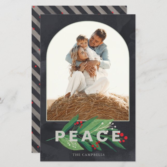 Budget Holly Arch Peace Navy Photo Holiday Card (Front/Back)