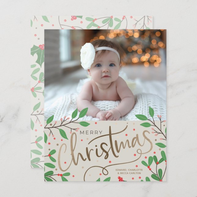 Budget Holly Berries Merry Christmas Photo Card (Front/Back)