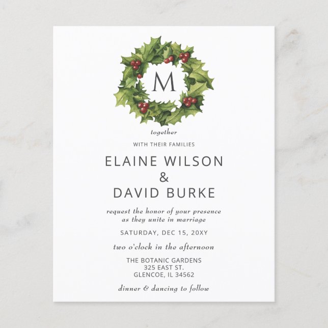 Budget Holly Berries Wreath Wedding Invitation (Front)