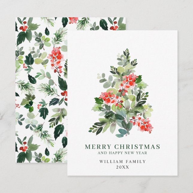 Budget Holly Berry Christmas Tree Holiday Card (Front/Back)