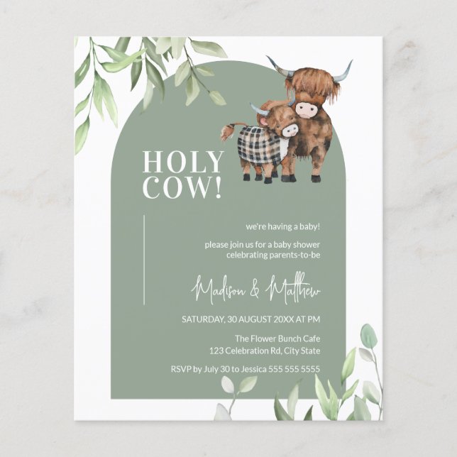 Budget Holy Cow Greenery Arch Baby Shower Invite (Front)