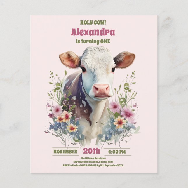 Budget Holy Cow I'm One Cow Girl 1st Birthday Flyer (Front)