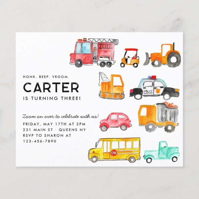 Budget Honk Beep Vroom Transportation Kid Birthday Flyer (Front)