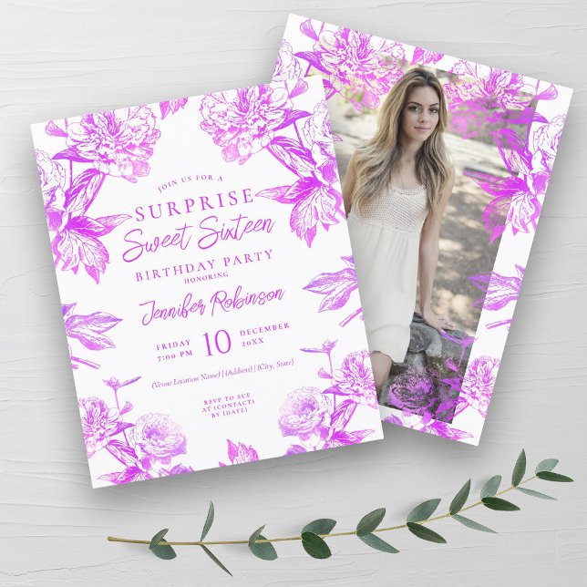 Budget Hot Pink Floral SURPRISE Sweet 16 Invite (Budget Hot Pink Floral SURPRISE Sweet 16 Invite)