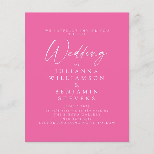 Budget Hot Pink Minimalist Script Wedding Invite (Front)