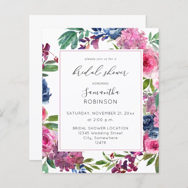 Budget Hot Pink & Navy Blue Floral Bridal Shower 2 (Front/Back)