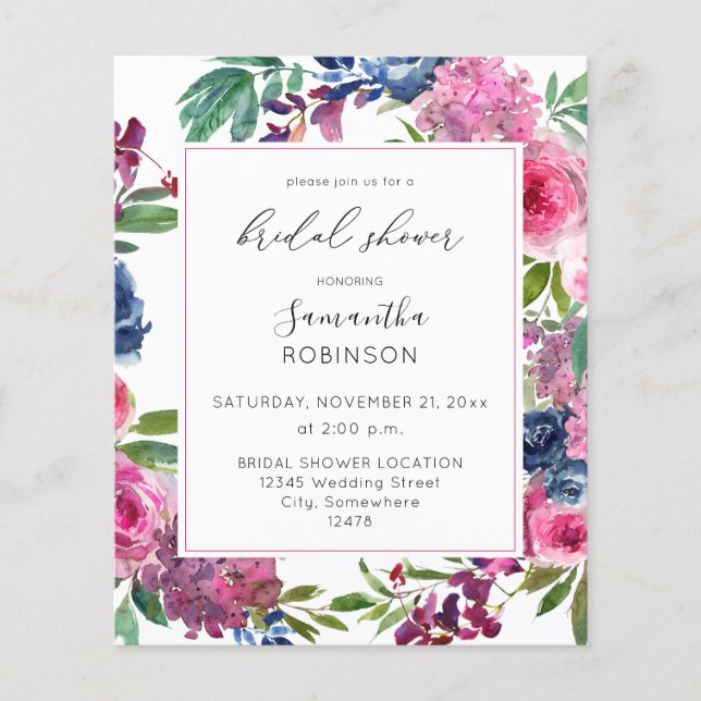 Budget Hot Pink & Navy Blue Floral Bridal Shower 2 Flyer (Front)