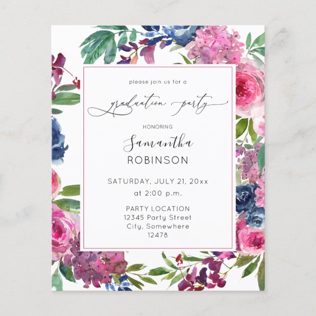 Budget Hot Pink &Navy Blue Floral Graduation Party Flyer (Front)