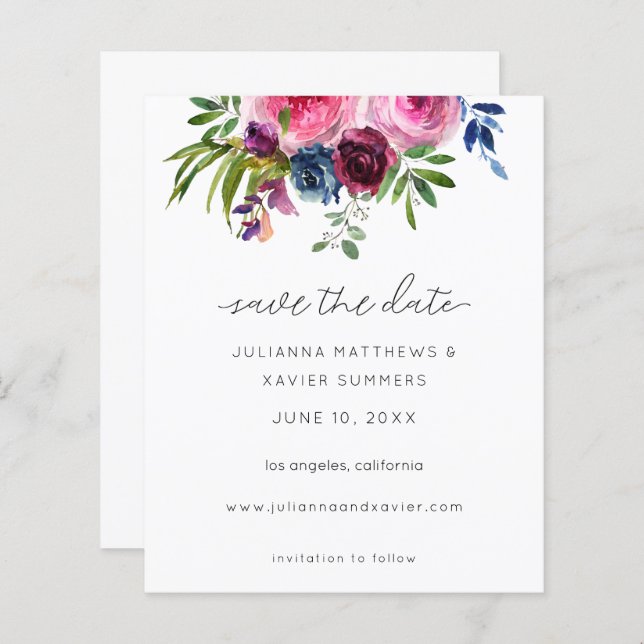 Budget Hot Pink & Navy Blue Floral Save the Date (Front/Back)