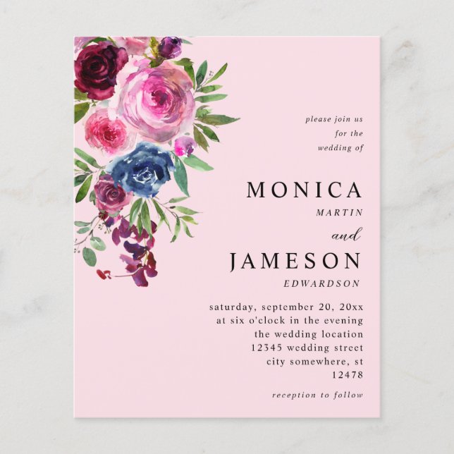 Budget Hot Pink & Navy Blue Floral Wedding 3 Pink Flyer (Front)