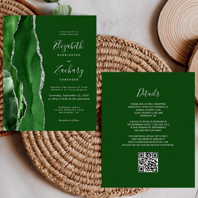 Budget Hunter Green Agate Silver QR Code Wedding (Creator Uploaded)