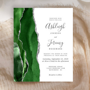 Budget Hunter Green Silver Agate Wedding Invite