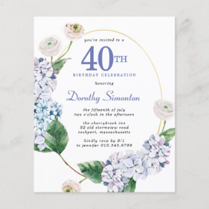 Budget Hydrangea Rose 40th Birthday Invitation