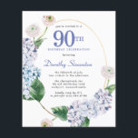 Budget Hydrangea Rose 90th Birthday Invitation<br><div class="desc">Blue hydrangea flowers and blush roses decorate a gold oval frame. An open and airy modern botanical.</div>