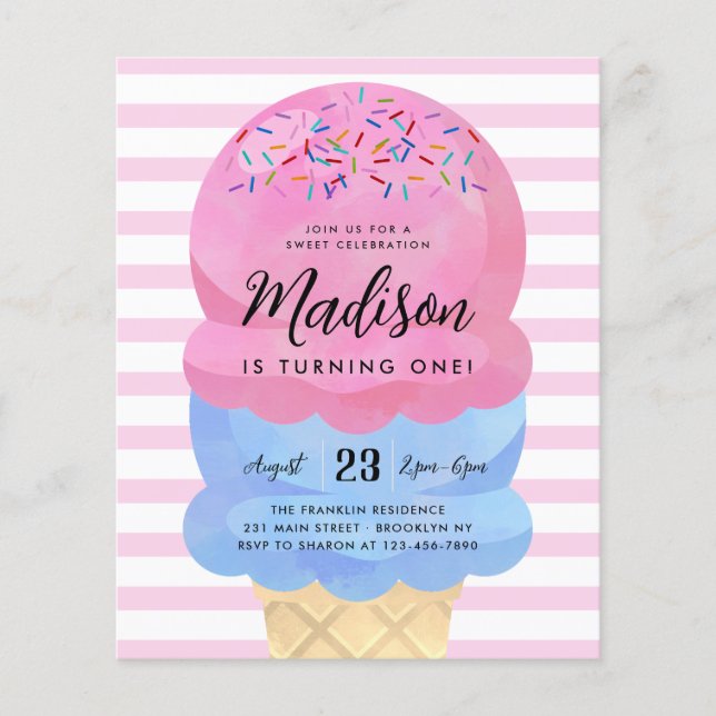 Budget Ice Cream Blush Pink Blue Cone Kid Birthday (Front)