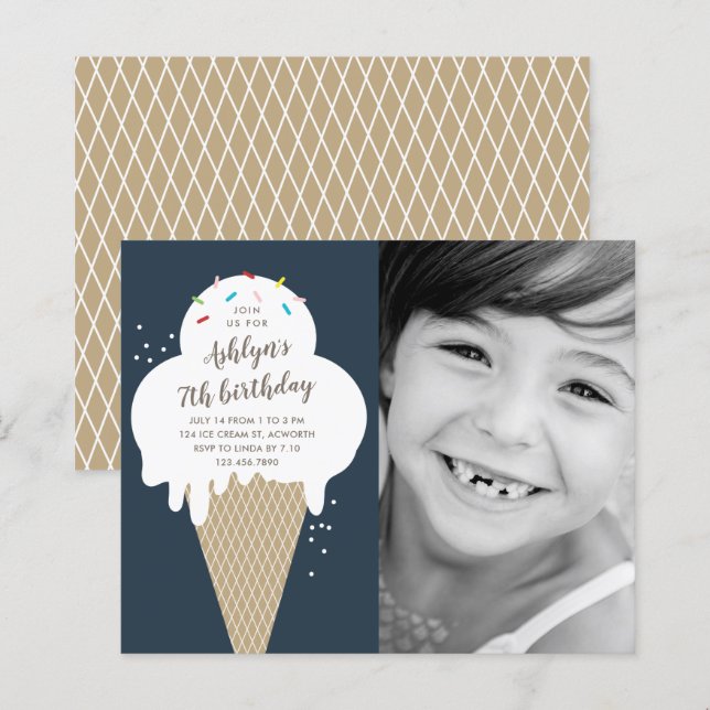 Budget Ice cream cone kids birthday invitation (Front/Back)
