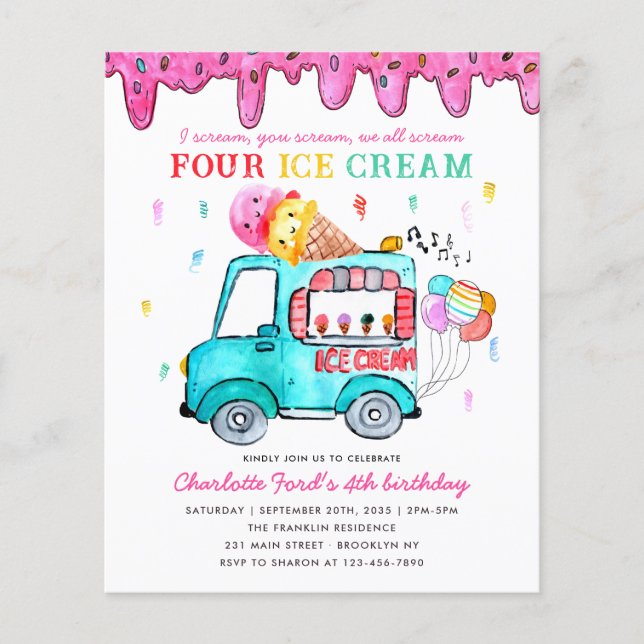 Budget Ice Cream Truck 4th Summer Kids Birthday (Front)