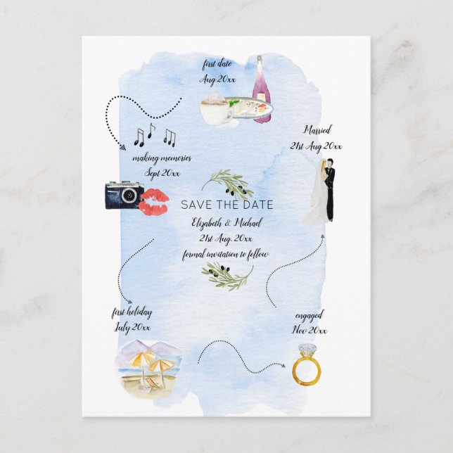 Budget Illustrated Timeline Save The Date Postcard (Front)