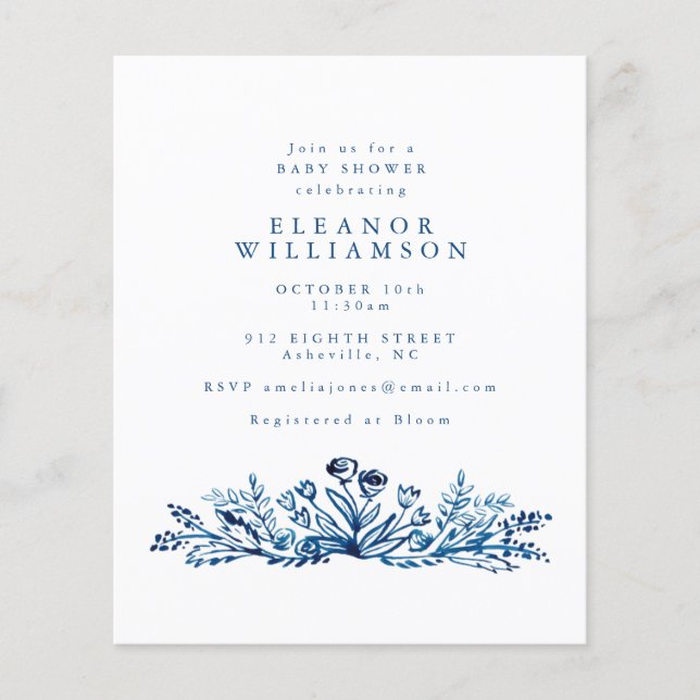 Budget Indigo Blue Ink Floral Baby Shower Invite (Front)