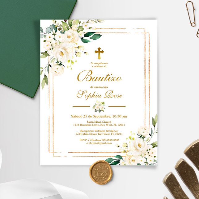 Budget Invitación de Rosas Blancas para Bautizo (Creator Uploaded)