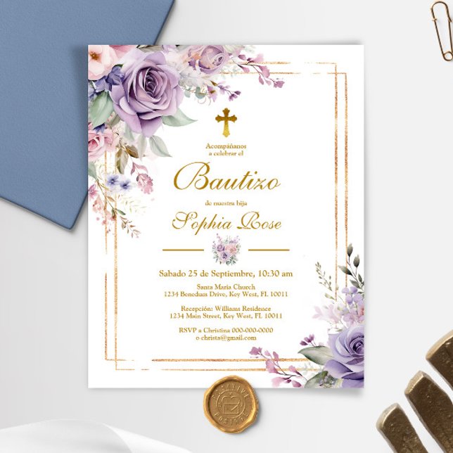 Budget Invitación de Rosas Moradas para Bautizo (Creator Uploaded)